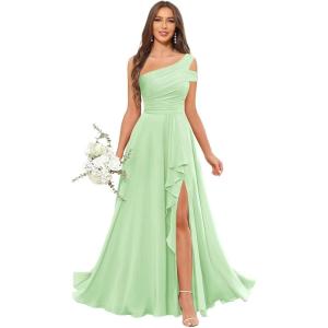 imageChiffon Bridesmaid Dresses for Women One Shoulder Ruffles Pleated Formal Dress with PocketsMint Green