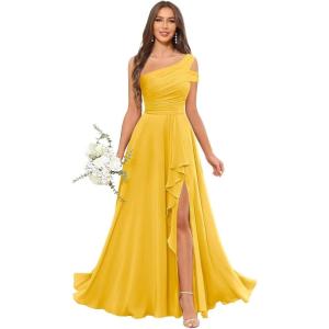 imageChiffon Bridesmaid Dresses for Women One Shoulder Ruffles Pleated Formal Dress with PocketsMustard Yellow