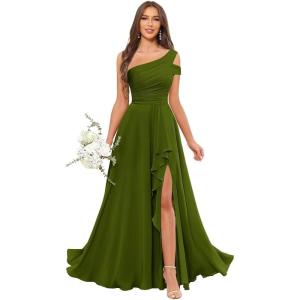 imageChiffon Bridesmaid Dresses for Women One Shoulder Ruffles Pleated Formal Dress with PocketsOlive Green