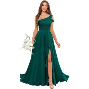 imageChiffon Bridesmaid Dresses for Women One Shoulder Ruffles Pleated Formal Dress with PocketsPeacock