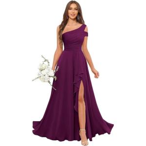 imageChiffon Bridesmaid Dresses for Women One Shoulder Ruffles Pleated Formal Dress with PocketsPlum