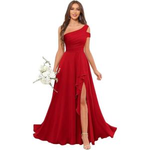 imageChiffon Bridesmaid Dresses for Women One Shoulder Ruffles Pleated Formal Dress with PocketsRed