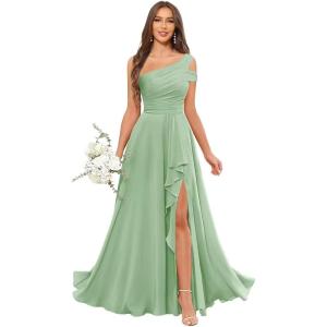 imageChiffon Bridesmaid Dresses for Women One Shoulder Ruffles Pleated Formal Dress with PocketsSage Green