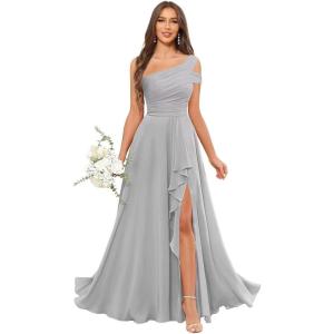 imageChiffon Bridesmaid Dresses for Women One Shoulder Ruffles Pleated Formal Dress with PocketsSilver