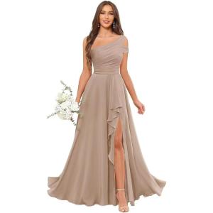 imageChiffon Bridesmaid Dresses for Women One Shoulder Ruffles Pleated Formal Dress with PocketsTaupe