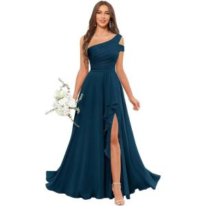 imageChiffon Bridesmaid Dresses for Women One Shoulder Ruffles Pleated Formal Dress with PocketsTeal