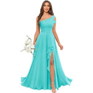 imageChiffon Bridesmaid Dresses for Women One Shoulder Ruffles Pleated Formal Dress with PocketsTurquoise
