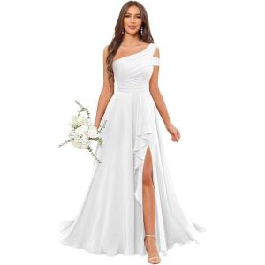 imageChiffon Bridesmaid Dresses for Women One Shoulder Ruffles Pleated Formal Dress with PocketsWhite