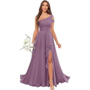 imageChiffon Bridesmaid Dresses for Women One Shoulder Ruffles Pleated Formal Dress with PocketsWisteria