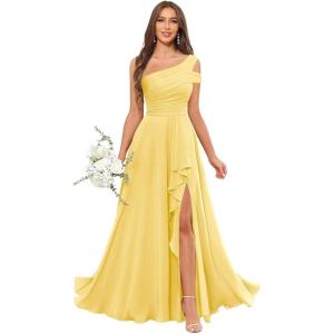 imageChiffon Bridesmaid Dresses for Women One Shoulder Ruffles Pleated Formal Dress with PocketsYellow