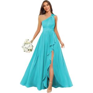 imageChiffon One Shoulder Bridesmaid Dresses with Slit ALine Long Formal Party Dress with PocketsAqua