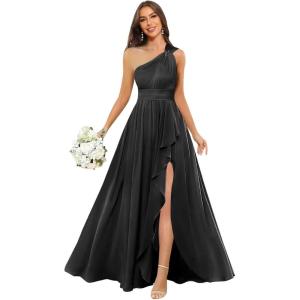 imageChiffon One Shoulder Bridesmaid Dresses with Slit ALine Long Formal Party Dress with PocketsBlack