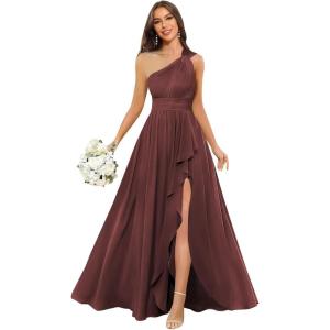imageChiffon One Shoulder Bridesmaid Dresses with Slit ALine Long Formal Party Dress with PocketsBurgundy