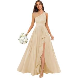 imageChiffon One Shoulder Bridesmaid Dresses with Slit ALine Long Formal Party Dress with PocketsChampagne