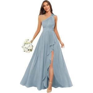 imageChiffon One Shoulder Bridesmaid Dresses with Slit ALine Long Formal Party Dress with PocketsDusty Blue