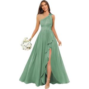 imageChiffon One Shoulder Bridesmaid Dresses with Slit ALine Long Formal Party Dress with PocketsEucalyptus