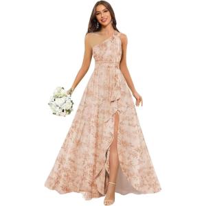 imageChiffon One Shoulder Bridesmaid Dresses with Slit ALine Long Formal Party Dress with PocketsFloral Blush