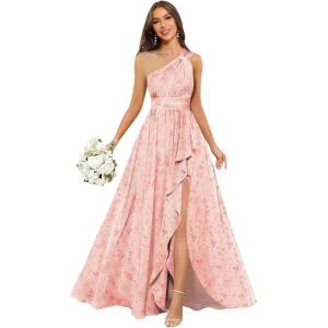imageChiffon One Shoulder Bridesmaid Dresses with Slit ALine Long Formal Party Dress with PocketsFloral Coral