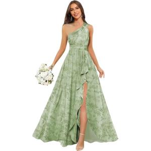 imageChiffon One Shoulder Bridesmaid Dresses with Slit ALine Long Formal Party Dress with PocketsFloral Green
