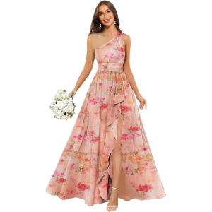 imageChiffon One Shoulder Bridesmaid Dresses with Slit ALine Long Formal Party Dress with PocketsFloral Orange