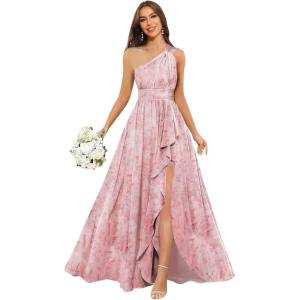 imageChiffon One Shoulder Bridesmaid Dresses with Slit ALine Long Formal Party Dress with PocketsFloral Pink