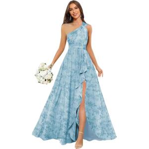 imageChiffon One Shoulder Bridesmaid Dresses with Slit ALine Long Formal Party Dress with PocketsFloral Steel Blue