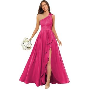 imageChiffon One Shoulder Bridesmaid Dresses with Slit ALine Long Formal Party Dress with PocketsFuchsia