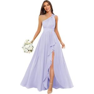 imageChiffon One Shoulder Bridesmaid Dresses with Slit ALine Long Formal Party Dress with PocketsLilac