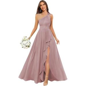 imageChiffon One Shoulder Bridesmaid Dresses with Slit ALine Long Formal Party Dress with PocketsMauve