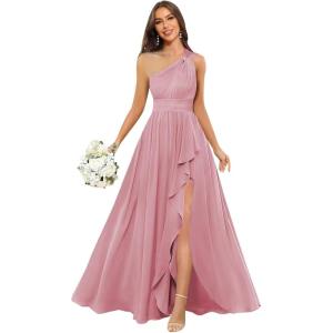 imageChiffon One Shoulder Bridesmaid Dresses with Slit ALine Long Formal Party Dress with PocketsMulberry
