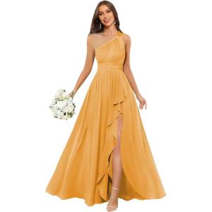 imageChiffon One Shoulder Bridesmaid Dresses with Slit ALine Long Formal Party Dress with PocketsMustard Yellow