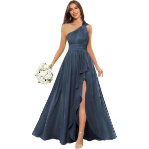 imageChiffon One Shoulder Bridesmaid Dresses with Slit ALine Long Formal Party Dress with PocketsNavy Blue