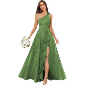 imageChiffon One Shoulder Bridesmaid Dresses with Slit ALine Long Formal Party Dress with PocketsOlive Green