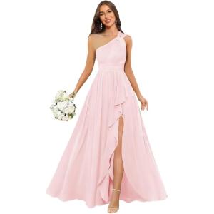 imageChiffon One Shoulder Bridesmaid Dresses with Slit ALine Long Formal Party Dress with PocketsPink