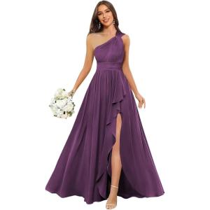 imageChiffon One Shoulder Bridesmaid Dresses with Slit ALine Long Formal Party Dress with PocketsPlum