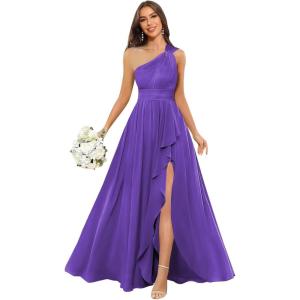 imageChiffon One Shoulder Bridesmaid Dresses with Slit ALine Long Formal Party Dress with PocketsPurple