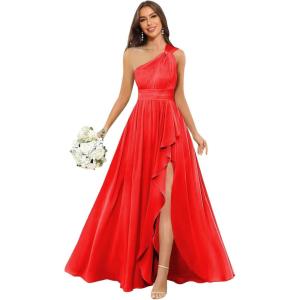 imageChiffon One Shoulder Bridesmaid Dresses with Slit ALine Long Formal Party Dress with PocketsRed