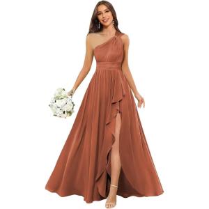 imageChiffon One Shoulder Bridesmaid Dresses with Slit ALine Long Formal Party Dress with PocketsRust