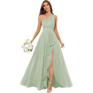 imageChiffon One Shoulder Bridesmaid Dresses with Slit ALine Long Formal Party Dress with PocketsSage Green
