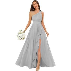 imageChiffon One Shoulder Bridesmaid Dresses with Slit ALine Long Formal Party Dress with PocketsSilver