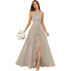 imageChiffon One Shoulder Bridesmaid Dresses with Slit ALine Long Formal Party Dress with PocketsTaupe