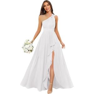 imageChiffon One Shoulder Bridesmaid Dresses with Slit ALine Long Formal Party Dress with PocketsWhite