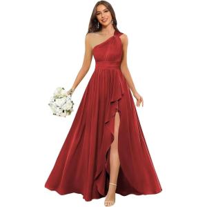imageChiffon One Shoulder Bridesmaid Dresses with Slit ALine Long Formal Party Dress with PocketsWine Red