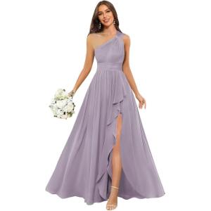 imageChiffon One Shoulder Bridesmaid Dresses with Slit ALine Long Formal Party Dress with PocketsWisteria
