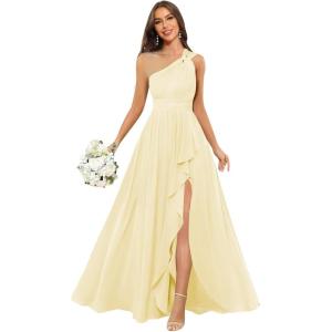 imageChiffon One Shoulder Bridesmaid Dresses with Slit ALine Long Formal Party Dress with PocketsYellow
