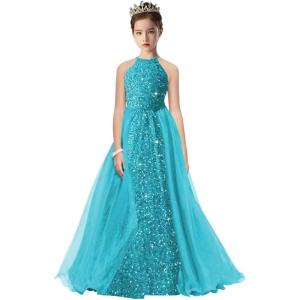 imageHalter Pageant Gowns Girls Sparkly Sequin Ball Gown Flower Girl Dresses with Tulle Cape Kids Toddle DressAqua