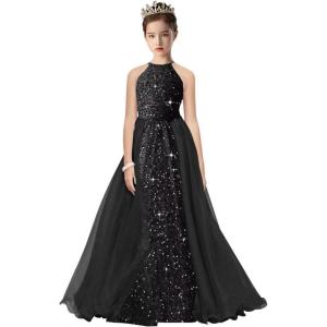 imageHalter Pageant Gowns Girls Sparkly Sequin Ball Gown Flower Girl Dresses with Tulle Cape Kids Toddle DressBlack