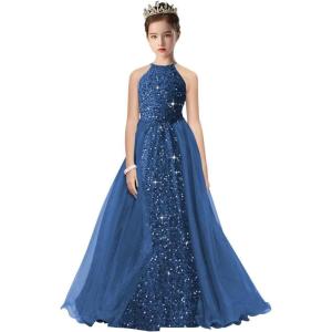 imageHalter Pageant Gowns Girls Sparkly Sequin Ball Gown Flower Girl Dresses with Tulle Cape Kids Toddle DressBlue