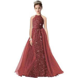 imageHalter Pageant Gowns Girls Sparkly Sequin Ball Gown Flower Girl Dresses with Tulle Cape Kids Toddle DressBurgundy