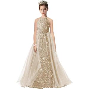 imageHalter Pageant Gowns Girls Sparkly Sequin Ball Gown Flower Girl Dresses with Tulle Cape Kids Toddle DressChampagne